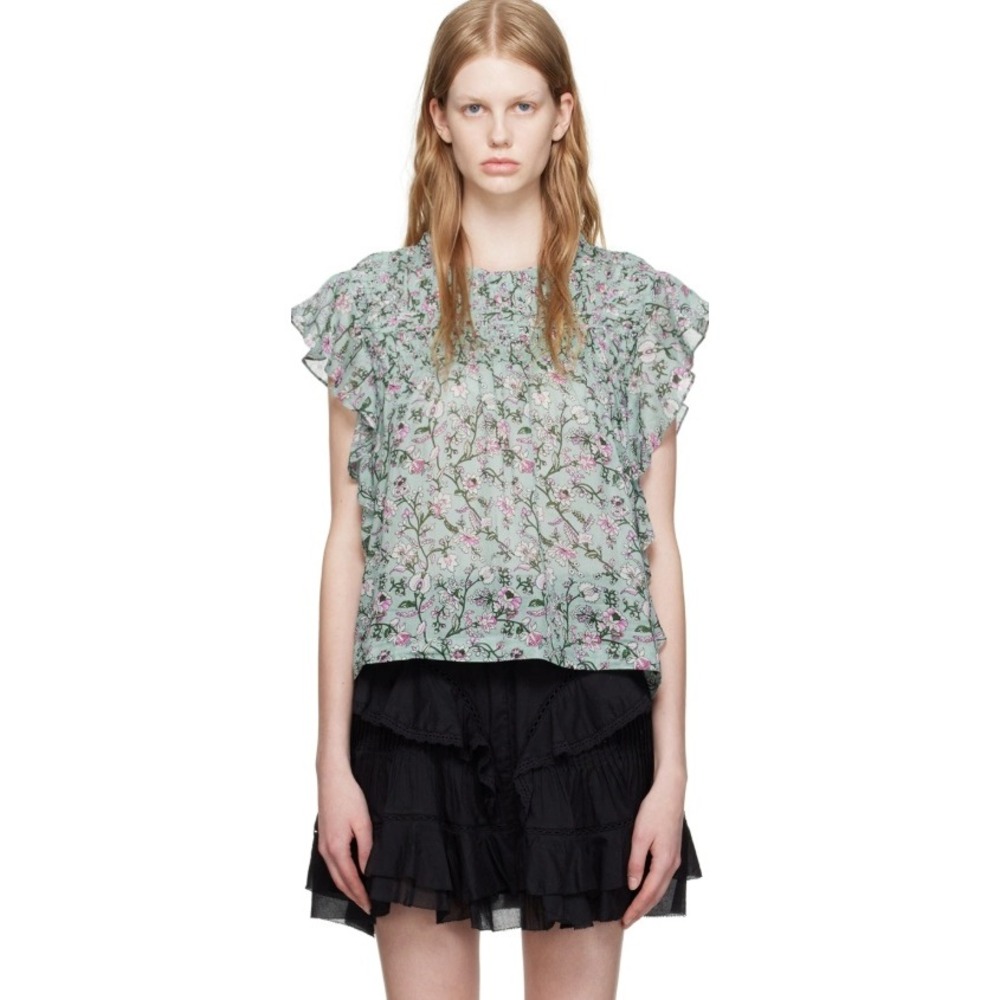 Isabel Marant Etoile Layona Top Green Floral Smocked Flutter Sleeve Peasant Sz 6